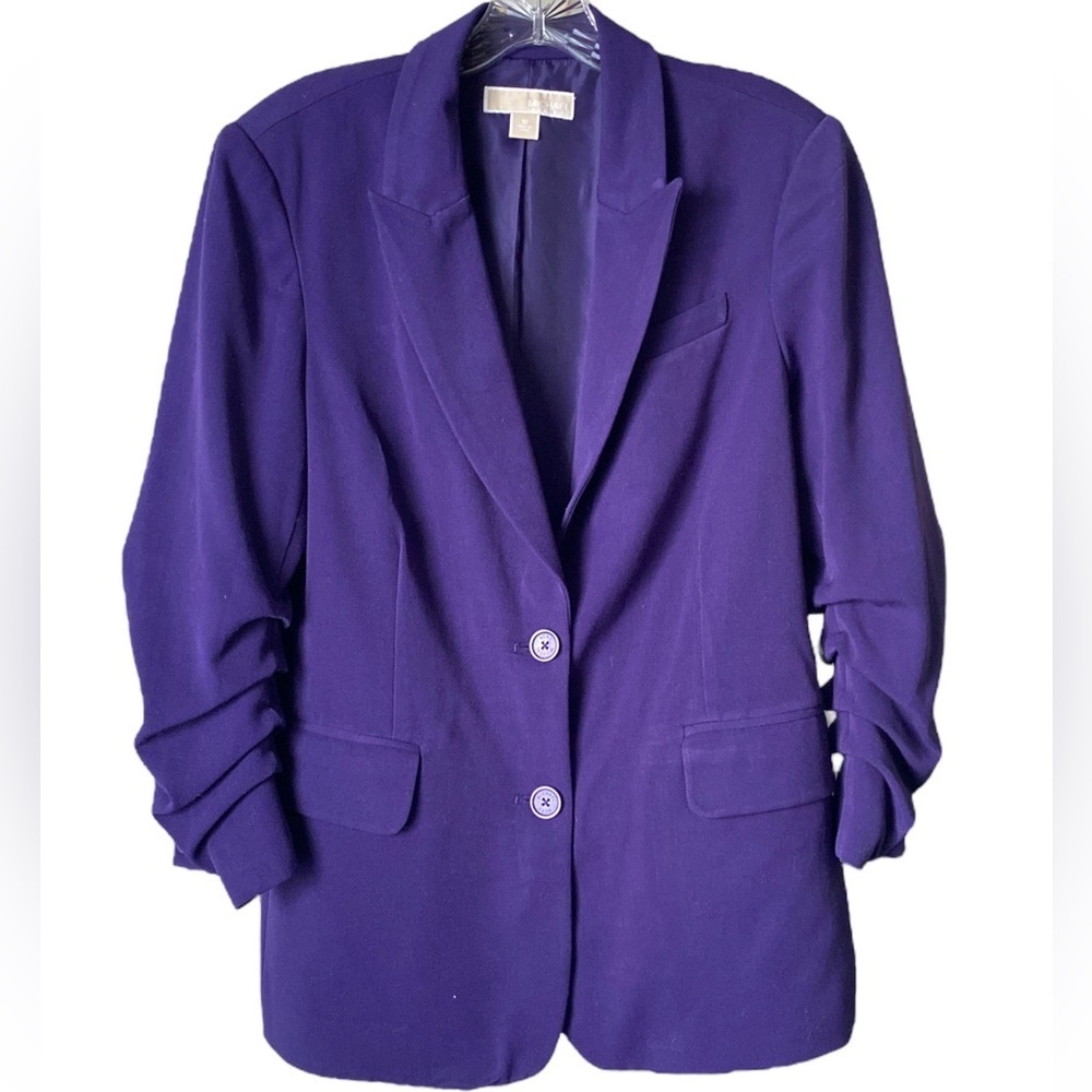 MICHAEL M KORS | Purple Blazer With 3/4 Ruched Sleeves and Lapel Collar Size 10